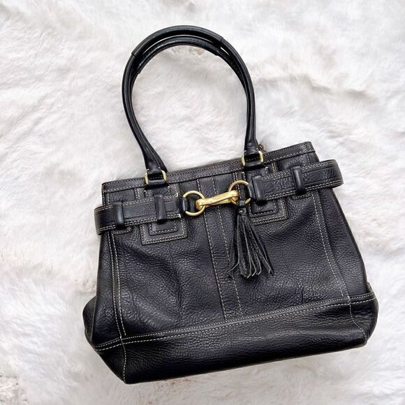 Vintage Coach Bag Y2K Black Leather Gold Hardware Top Handle Handbag Purse - Picture 1 of 11